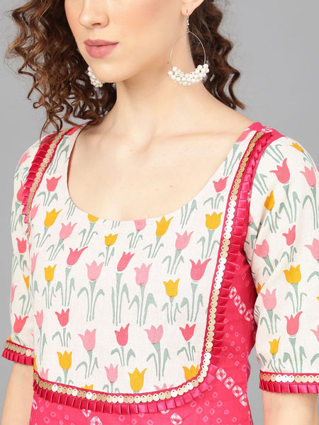 [PreOrder] Floral Design Off-White & Pink Lehenga with Dupatta [Size: S, M, L, XL, XXL]
