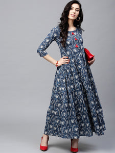 [Available] Blue Printed Long Kurta with Red Tassels