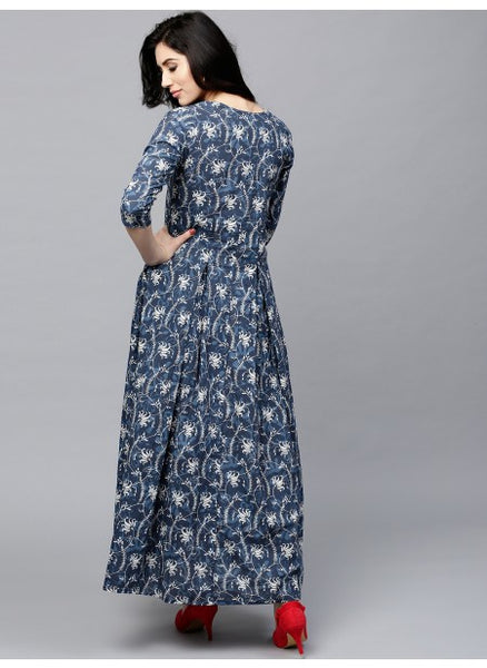 [Available] Blue Printed Long Kurta with Red Tassels